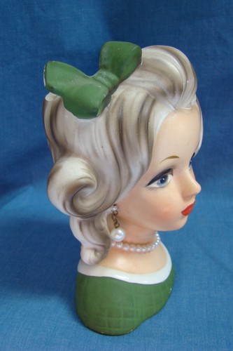 C3- Vintage 5.5" Napco C-3499 Elegant Lady Head Vase ~ Green ~ Rare, HTF - Picture 5 of 6