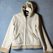 Mudd Jacket Juniors Womens Large Cream Full Zip Hooded Faux Fur Jacket