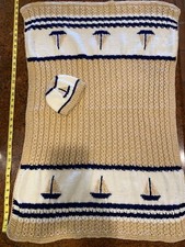 Hand Knitted Baby Boy Blanket Tan Cream and Navy Sailboats matching Hat