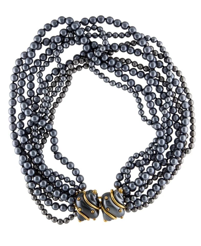 Kenneth Jay LANE KJL Shell Necklace Pearl Black Gray MultiRows Iconic Clasp gyuh - Image 2 of 4