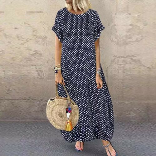 Women Short Sleeve Polka Dot Shirt Dress Ladies Long Maxi Dress Sundress Plus - Picture 14 of 15