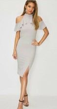 Stunning Ladies Size 14 Grey Frill Neck Bodycon Dress Bnwt NEW
