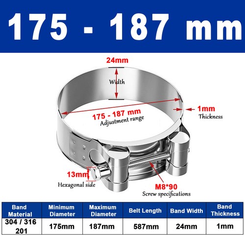 Hose Clamps-Clips Stainless Steel Heavy Duty T Bolt Exhaust 17mm - 252mm 304/201 - Picture 40 of 58