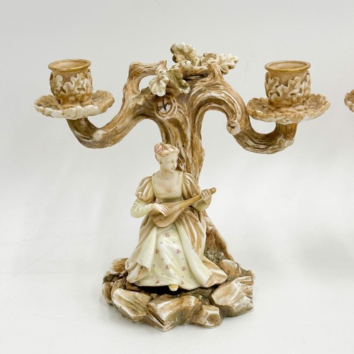Pair Royal Worcester Porcelain Blush Ivory Candelabras Figures Musicians 1885 - Picture 2 of 9