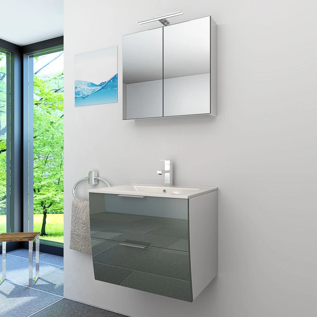 AcquaVapore Badmöbel Set Gently 2 V1 Weiß/Grau MDF Waschtisch 60cm