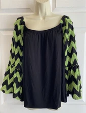 VaVa by Joy Han Black Top Neon Green & Black Long Bell Sleeve Blouse USA Sz M/L