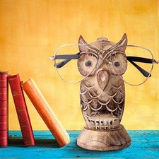 Handcrafted Wooden Spectacle Eyeglasses Holder Green Owl Shaped Eyewear Retai...