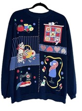 vintage 80s 90s Scarab Tag blue Sweatshirt cat mice sewing Women's XL 1X puff