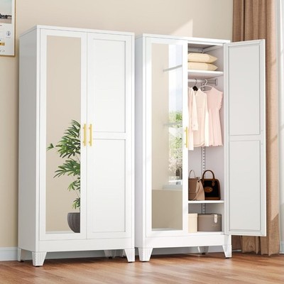 Metal Armoire Wardrobe Closet with Two Mirror Doors Adjustable Shelves Hanging