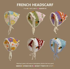 Boho Crochet Knitted Headscarf French Triangle Hair Scarf | 波西米亚复古针织三角头巾 手工编织花纹发