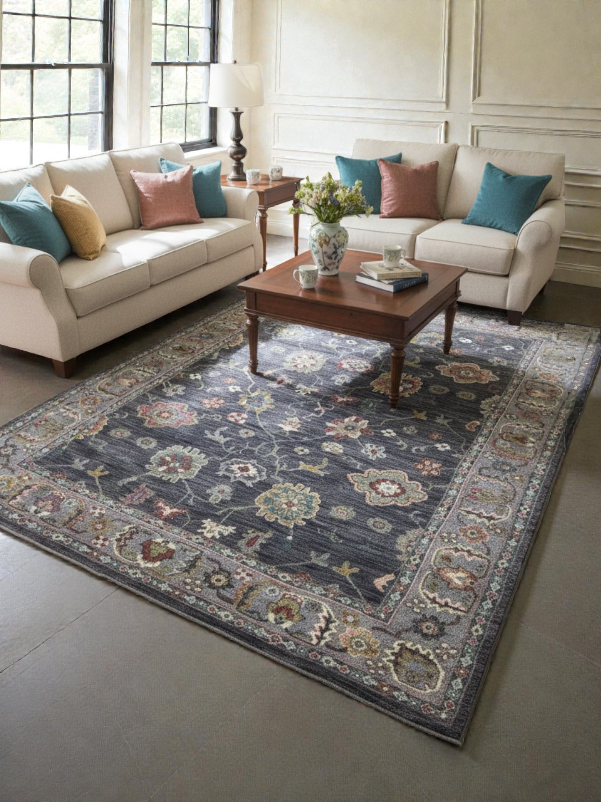 Tapis oriental rouge et beige à motifs floraux en laine de 160x230 cm