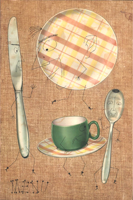 1959 DEIBE'S RESTAURANT vintage breakfast menu ANTHROPOMORPHIC PLATES SILVERWARE