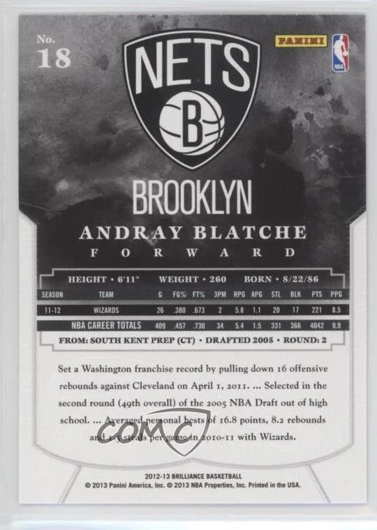 2012-13 Panini Brilliance Retail Above and Beyond Andray Blatche #18 - Image 2 of 2