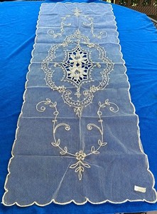 Table Runner 44”X16”  Beige Tambour Lace Embroidered Net Orig Label VTG NOS