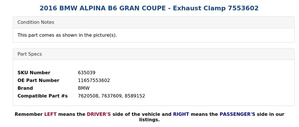 2016 BMW ALPINA B6 GRAN COUPE — зажим выхлопной системы 7553602 - Изображение 3 из 3