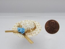 Dollhouse Miniature Lady's Straw Sun Hat with Ribbon and Blue Flowers B0289