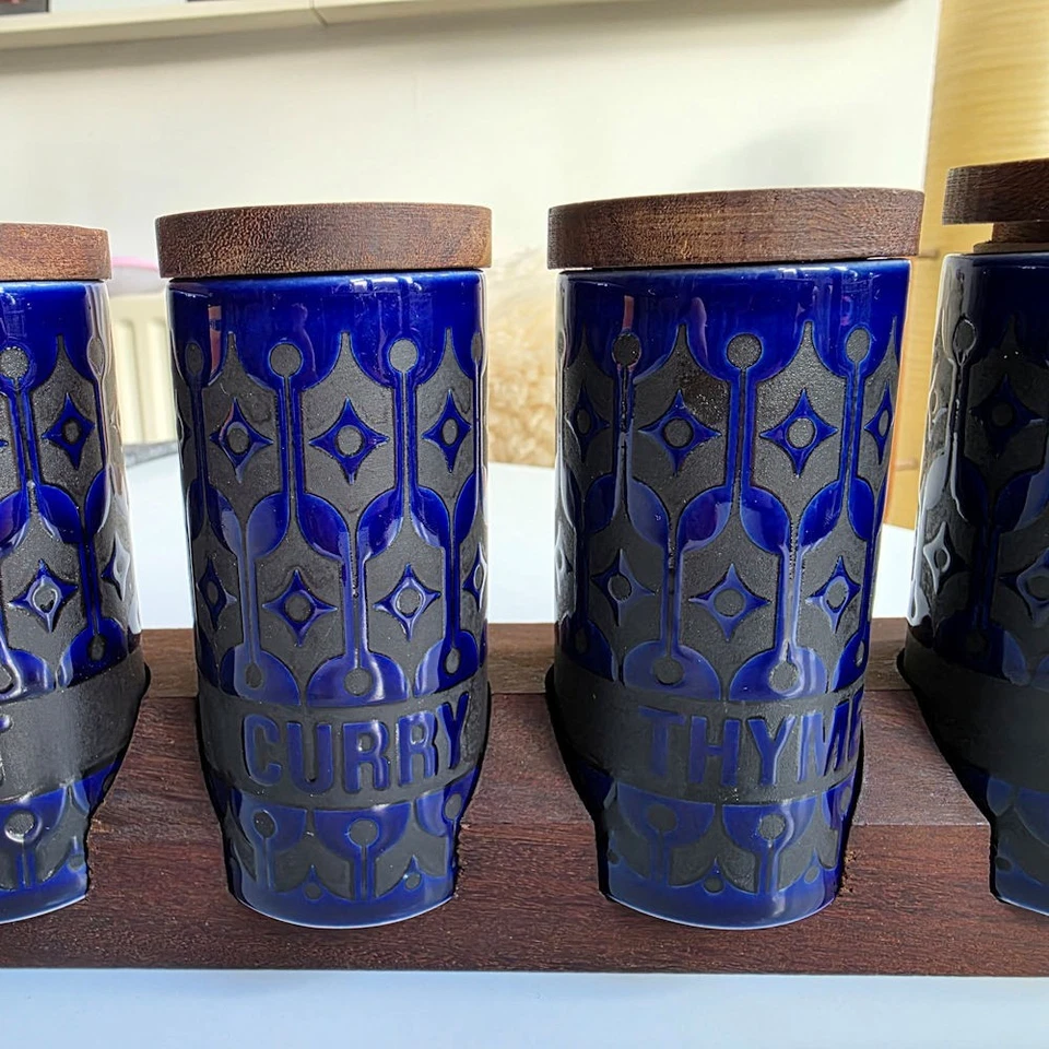 Vintage Hornsea Blue Heirloom 6 x Tall Spice Herb Jars With Spice Rack 1970s - Image 4 of 4