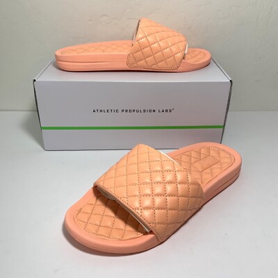 APL Lusso Slide Sandals Leather Slip On Quilted Flats Neon Peach