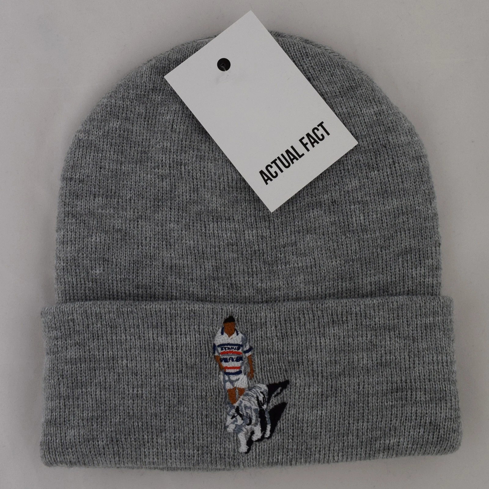 Actual Fact Tyson Tiger Embroidered 80s Winter Wooly heather grey Beanie Hat