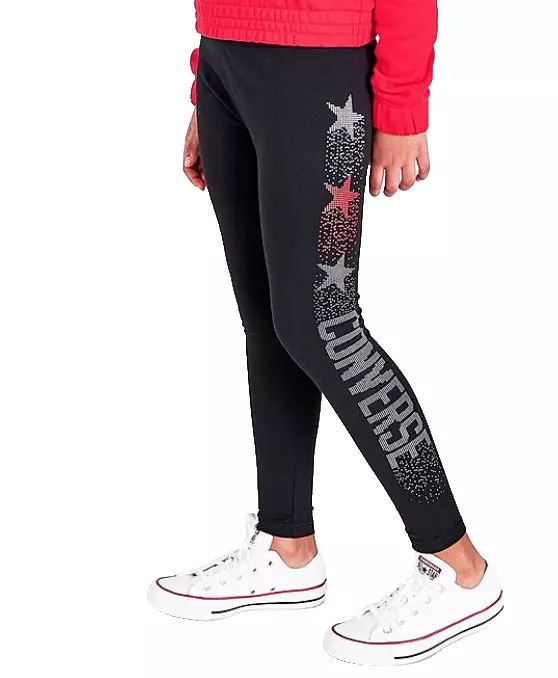 Converse Leggings Youth Girls Large Full Length Rhinestone Logo Cotton  Black