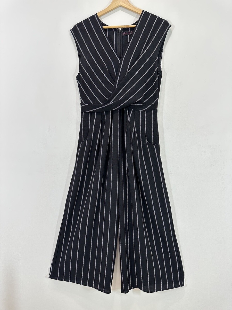 Ally Jumpsuit Women 10 Black Striped Crossover Sleeveless Wide Leg