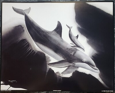 Wyland ''Evening Waters'' 1989 Black & White Ocean Dolphin & Calf Fine Art Print