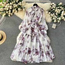 Long Sleeve French Style Bow Mid Length Retro Floral Printed Chiffon Dress Women