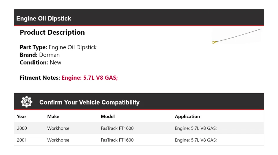 Varilla de medición de aceite de motor Dorman para Workhorse FasTrack FT1600 5,7 L V8 2000-2001 Foto 2 de 4