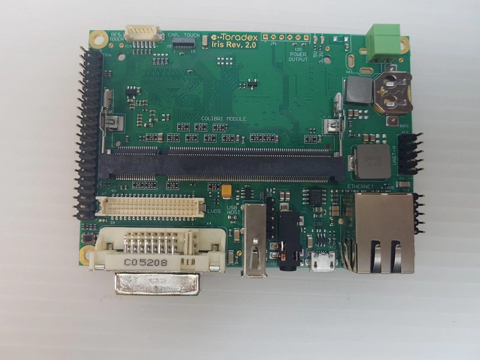 Top of the Toradex Iris Rev. 2.0 carrier board: empty Colibri SODIMM socket, DVI-I, LVDS, Ethernet