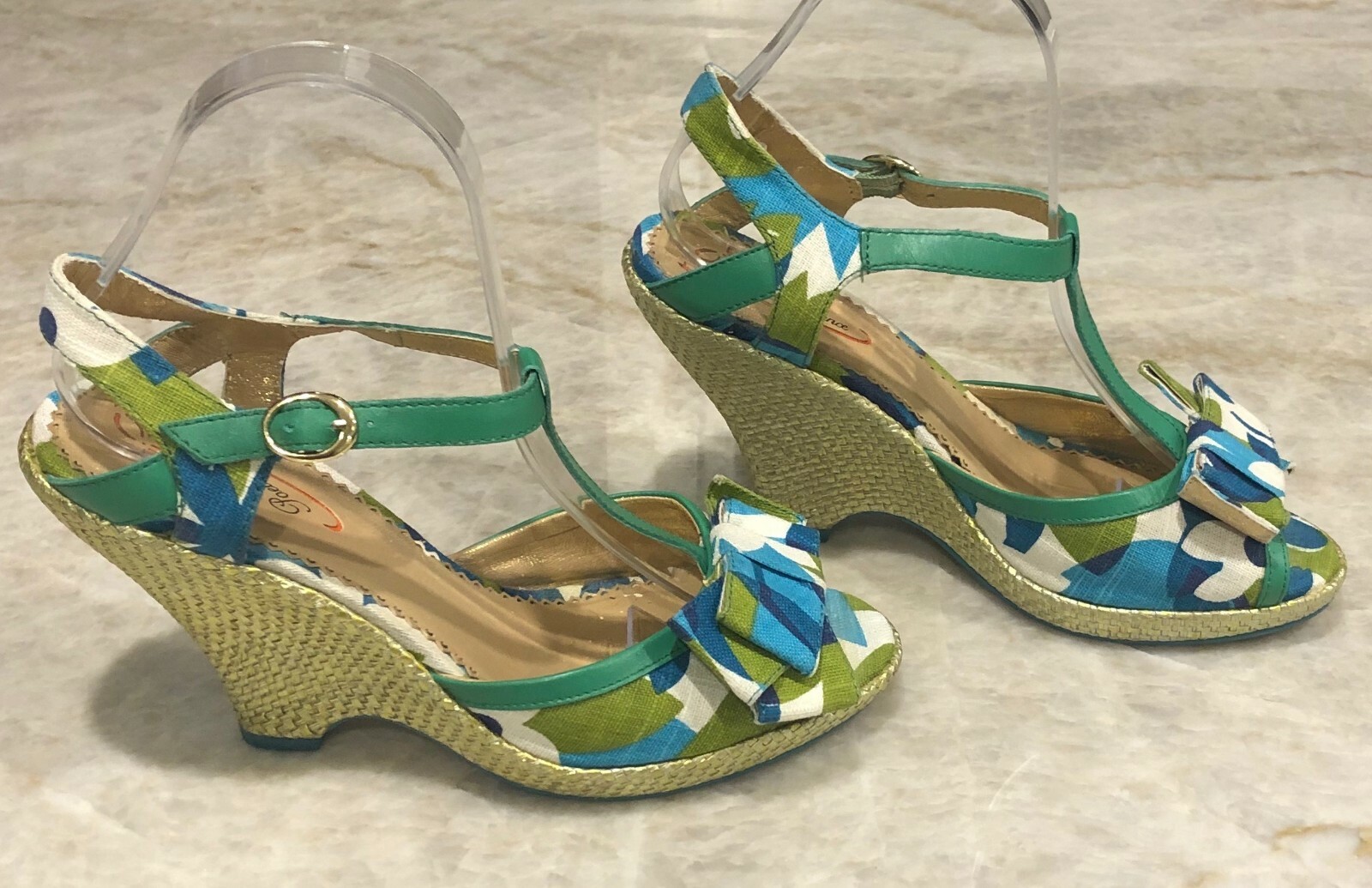 Poetic Licence London T Strap Bow Metallic Wedge Heels Sandals Shoe Size 39 US 8