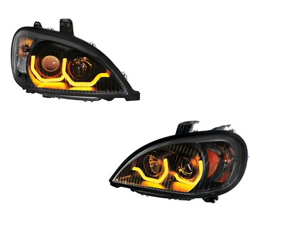 Pair ''Blackout'' Headlights W/ Dual LED Amber Light Bar for Freightliner Columbia