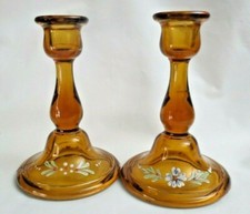 2 US Glass No 79 Amber Candlesticks with Enamelled Paint 1922-1935