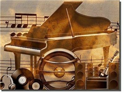 Piano Music Notes, Speakers and Guitar, Wall Picture on Stretched Canvas, Art Re
