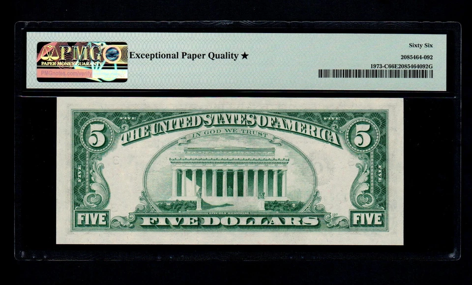 1974 $5 Federal Reserve Note Philadelphia PMG GEM UNC ( 66 EPQ BLACK STAR) - Image 2 of 2