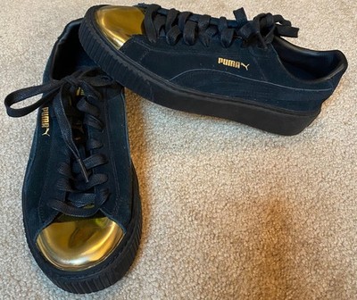 PUMA Suede Platform Black Gold Creeper Sneaker Shoes 3622222-02 Women s 8.5