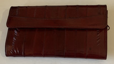 New Genuine Burgundy Eel Skin Wallet Credit Card Check Book Zip Pocket Korea