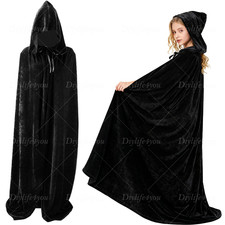 Unisex Hooded Velvet Cloak Cape Robe Costume Witch Vampire Grim Reapers Cosplay