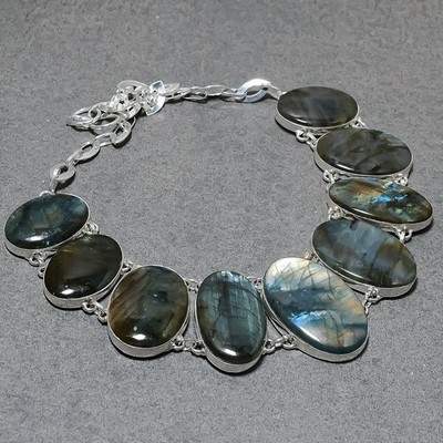 Blue Fire Labradorite Oval Shape Gemstone Fashion Jewelry Handmade Necklace 18''