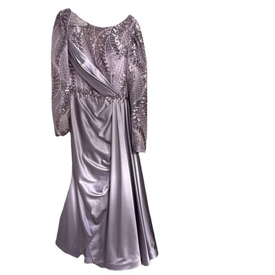 Purple/Silver Beaded Sequin Long Sleeve Long Formal Gown, Regular Size 8