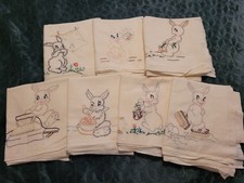 Set Of 7 Vtg XL Hand Embroidered Cotton Kitchen Tea Towels 32" x 30" Bunnies