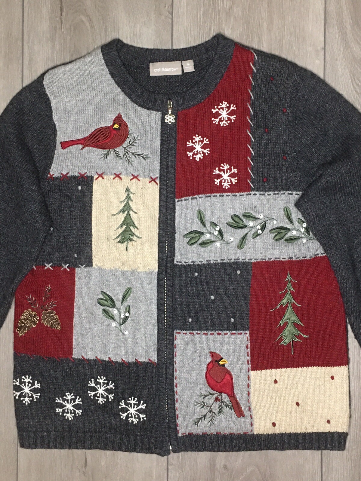 Croft & Barrow Cardinal Patchwork Gray Zip-Up Car… - image 1