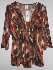 NWT CREATIVE DESIGN WORKS CDW BROWN Black Geo Print ,¾ Sleeve Top, PETITES PXL