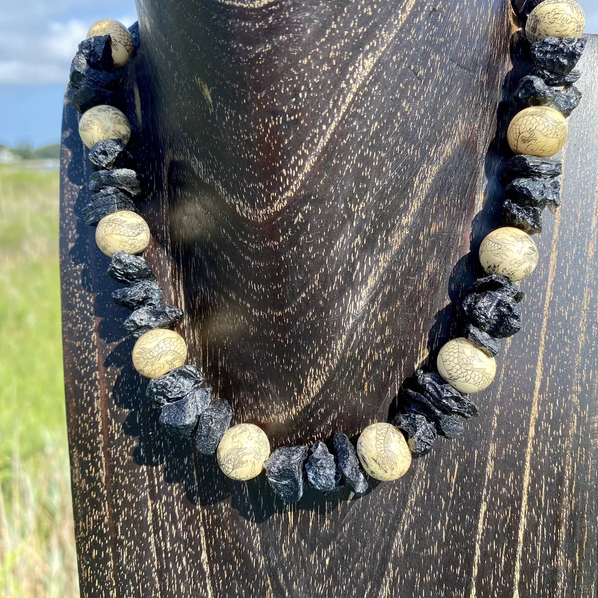 Vintage Scrimshaw Dragon Beads Rough Black Obsidian Necklace w