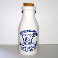 Milk Bottle coin bank Edgemar Farms ceramic farmhouse decor white blue kitchen