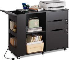 File Cabinet w/ Lock, 3 Drawer Rolling Mobile Lateral Filing Cabinets w/ Chargin