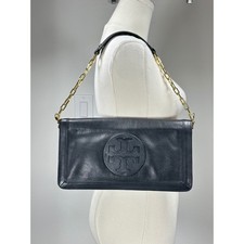 Tory Burch Women's Bombe Reva Clutch Shoulder Bag Black Gold Chain Designer