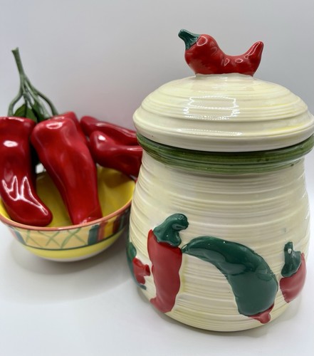 Vintage Decorative Ceramic Lot Jar With Raised Chili Peppers🌶️4 Piece Bowl GUC - Picture 10 of 24