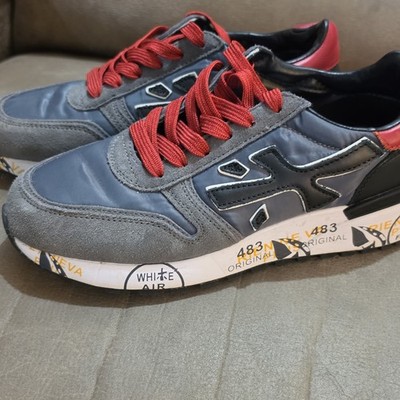 Premiata 483 Men s Low Top Lace-Up Sneakers Gray Red Black Rubber Sole