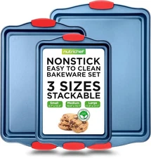 NutriChef Nonstick 3-Piece Baking Pans Set – Carbon Steel Bakeware with Blue C