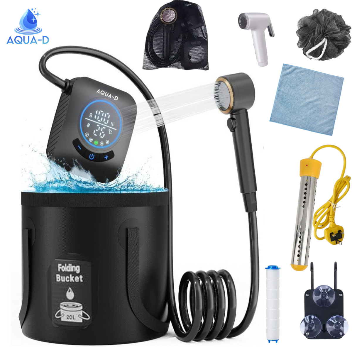 Ducha Portátil con Cubo Plegable 20L, Bomba Actualizada, 8000mAh - Regalos GRATIS